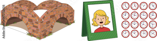 Collection of brick arch bridge structure, photo frame portrait illustration and multiple wall clocks showing different times isolated on light background