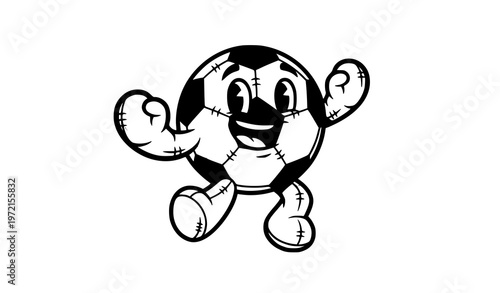 Jumping Happy Soccer Ball Plush Mascot Cartoon Line Art Vector Illustration for Sports Kids Branding