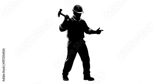 May day Construction worker, laborer, silhouette, black, hammer, hard hat, industrial isolated on White Background vactor EPS
