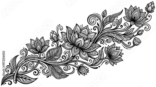 Intricate Lotus Flower Zentangle, Black and White Vector Illustration for Tattoo or T-shirt design.