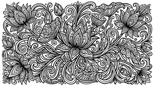 Intricate Lotus Flower Zentangle, Black and White Vector Illustration for Tattoo or T-shirt design.