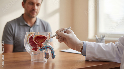 A doctor discusses men's health and prostate issues with a patient using a detailed anatomical model in a urology clinic