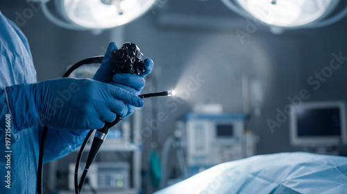 Surgeon's gloved hands hold an illuminated endoscope in a modern operating room. Essential medical technology for diagnosis and surgery