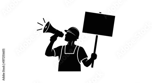 May day Protest, activist, megaphone, sign, black silhouette, vector icon isolated on White Background vactor EPS