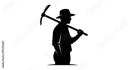 May day Black silhouette miner, pickaxe icon, mining worker symbol, industrial laborer isolated on White Background vactor EPS