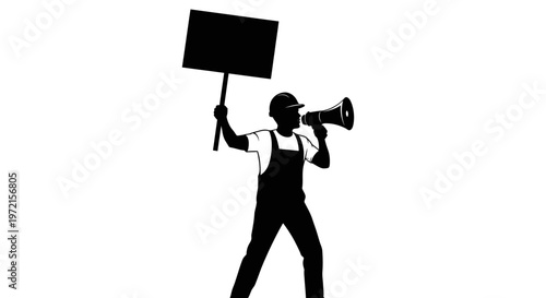 May day Protest, activist, demonstration, megaphone, sign, black silhouette, vector icon isolated on White Background vactor EPS