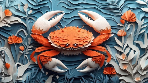 A crab illustrated in paper art style, featuring layered textures and delicate cutouts to capture its intricate shell and claws.