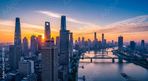 Happy labor day skyline celebrating workers with a stunning cityscape at sunset