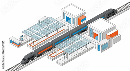 Isometric Modern Train Station Illustration with High-Speed Railway, Platform Architecture, and Urban Public Transportation Design
