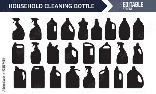 Household cleaning bottle silhouettes set with spray and detergent containers