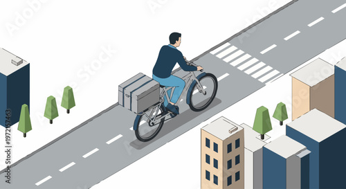Isometric Illustration of a Bicycle Courier Delivering a Package in a Modern City Environment, Sustainable Urban Logistics and Green Transportation Concept