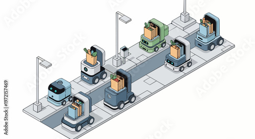 Isometric Autonomous Grocery Delivery Robots Carrying Food Bags on a Smart City Path