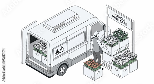 Isometric Illustration of Flower Delivery Service Loading Van with Fresh Floral Boxes for Distribution