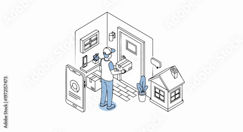 Isometric Delivery Service Illustration: Courier at House Entrance with Parcel, Smartphone App for Online Shopping and Logistics