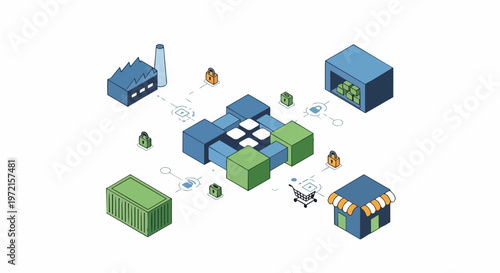 Secure Supply Chain and Blockchain Technology Concept - Isometric Illustration of Global Logistics, Manufacturing, and Retail
