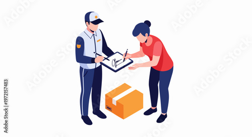 Isometric Illustration of a Delivery Man Handing a Package to a Customer and Getting a Digital Signature on a Tablet