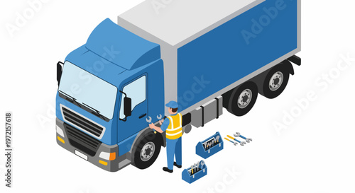 Isometric Illustration of a Mechanic Repairing a Blue Cargo Truck; Professional Vehicle Maintenance and Roadside Assistance Service Concept.