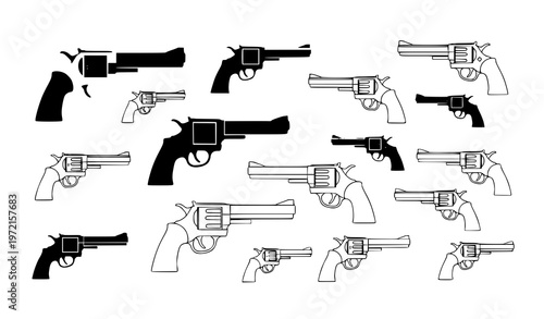 A collection of various handguns in a minimalist vector graphic design