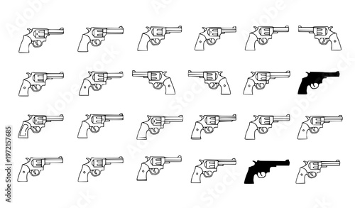 A vector graphic illustration of multiple gun silhouettes in various positions