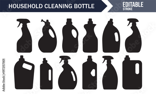 Liquid detergent and spray bottle silhouettes minimal icon set