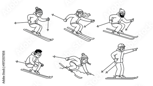 Skiing People Line Art Set. Various Poses of Skiers in Winter Sport Activity. Hand-Drawn Cartoon Style Illustrations.
