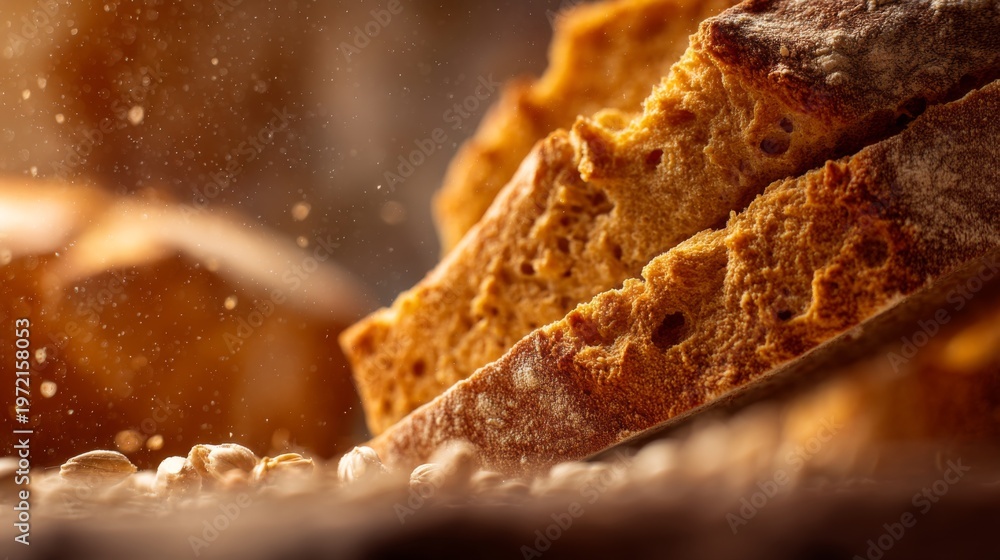 Fototapeta premium Freshly Baked Slices of Rustic Bread with Grain Texture Close-Up