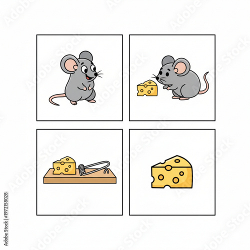 Flat mouse and mousetrap vector set in grid layout with cheese bait isolated on white background