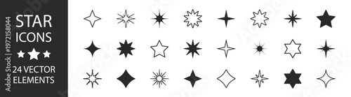 Star sparkle symbol icons, outline and solid styles, glowing light elements, flat vector collection for web and app isolated on transparent background