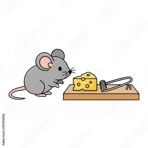 Curious mouse and mousetrap vector illustration with cheese bait in flat cartoon style isolated on white