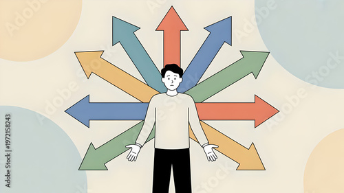 Confused man standing among multiple arrows symbolizing choice overload and decision making