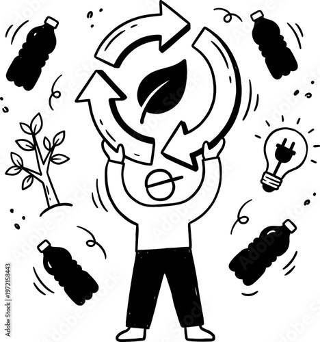 Hand-drawn illustration of a person promoting recycling and environmental sustainability