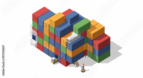 Isometric 3D Illustration of a Shipping Container Terminal for Logistics and Global Trade Management featuring colorful cargo stacks and worker on white background.