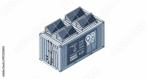 Isometric Smart Cargo Shipping Container with Solar Panels and IoT Temperature Monitoring Display for Sustainable Cold Chain Logistics and Green Transport Management