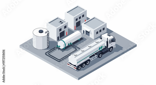 Isometric 3D Illustration of an Industrial Gas or Hydrogen Refueling Station with Fuel Tanker Truck and Storage Tanks