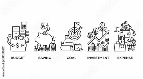 Financial Icons Representing Budget, Saving, Goal, Investment, and Expense