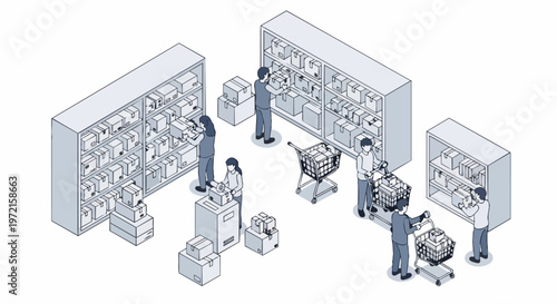 Warehouse Workers Managing Inventory and Logistics in a Fulfillment Center Isometric Illustration