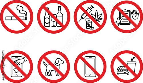 Vector set of prohibition signs including no smoking no alcohol and drug free zone icons for public safety.