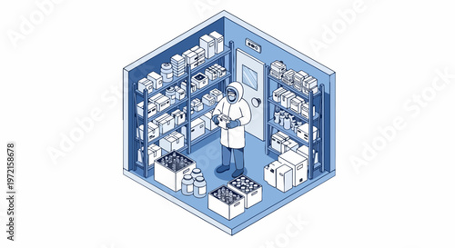 Isometric Illustration of a Worker in Hazmat Suit Managing Medical Inventory in a Sterile Storage Room