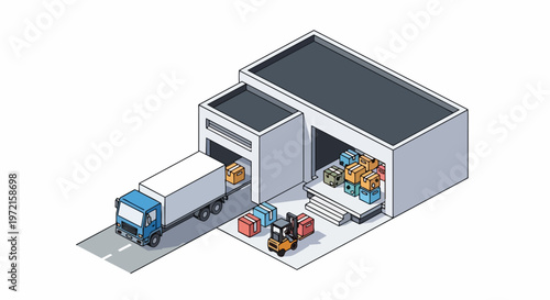 Isometric Logistics and Warehouse Illustration with Delivery Truck, Forklift, and Cardboard Boxes