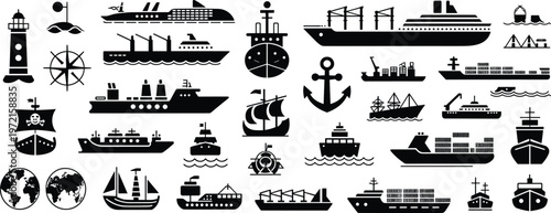 Maritime silhouette icon collection, ships boats anchors lighthouse globe nautical symbols, cruise liner cargo vessel sailboat tugboat transportation design illustration