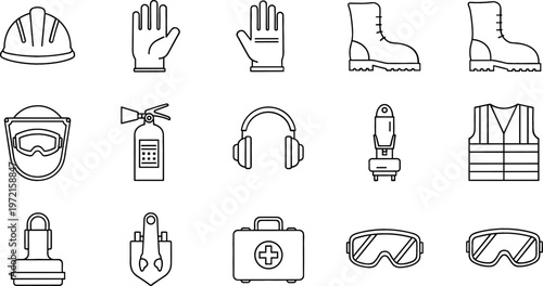 Vector Icons Set of Construction and Safety Gear, Including Helmets, Gloves, Boots, Fire Extinguishers, and Medical Kits for Workplace Safety and Protection Design Projects