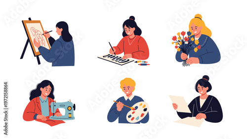 Creative Hobbies and Arts Activities Set: People Painting, Crafting, Sewing, and Writing Illustrations