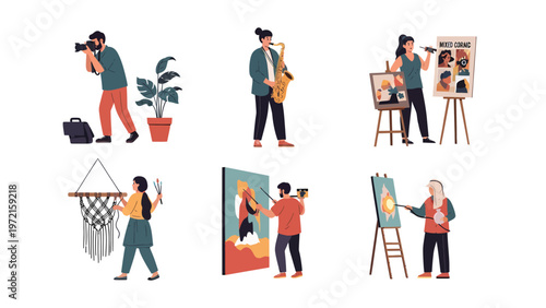 Creative Professions & Hobbies Vector Set: Photography, Music, Painting, & Crafts. Diverse artists creating.