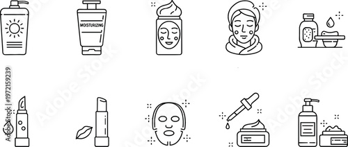 Vector Icons Set of Skincare and Cosmetic Products Including Creams, Masks, Serums, Lipsticks, and Spa Treatments for Health and Beauty Design Projects