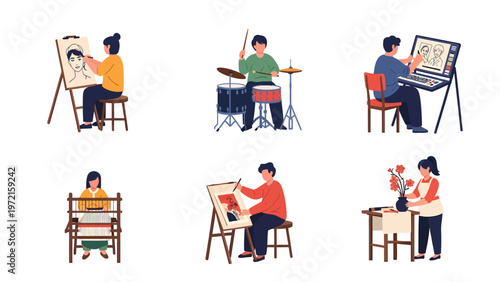 Diverse Creative Hobbies and Artistic Activities Collection: Art, Music, Crafts, Digital Design