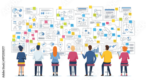 A diverse group of seven professional colleagues sits on stools while examining a massive white wall filled with intricate flowcharts and colorful notes.
