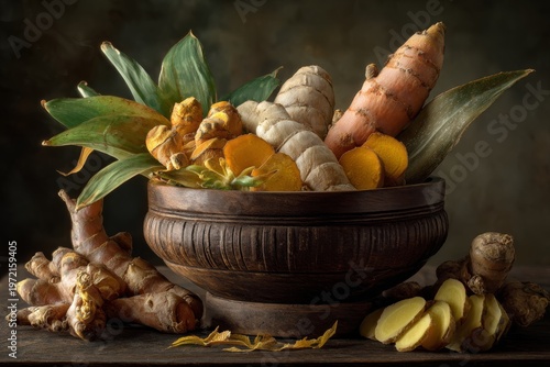 Rooted in Wellness: A visually stunning composition of fresh turmeric, ginger, and other health-giving roots overflows from a rustic wooden bowl.