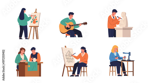 People Engaged in Creative Hobbies and Artistic Pursuits. Flat Vector Illustration of Art and Craft Activities.