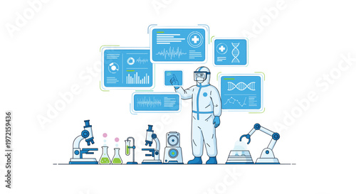 An expert researcher in a sterile white hazmat suit operates a sophisticated touch interface surrounded by robotic automation and advanced scientific laboratory equipment.
