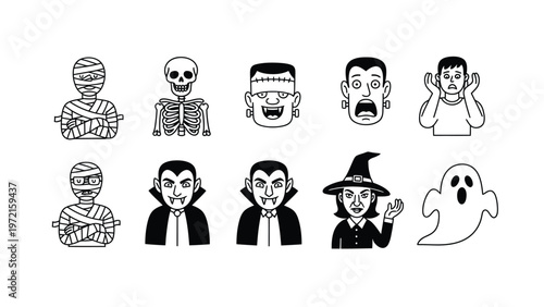 Halloween Doodle Characters Set. Black & white vector icons: mummy, skeleton, vampire, witch, ghost, Frankenstein, and scared figures.